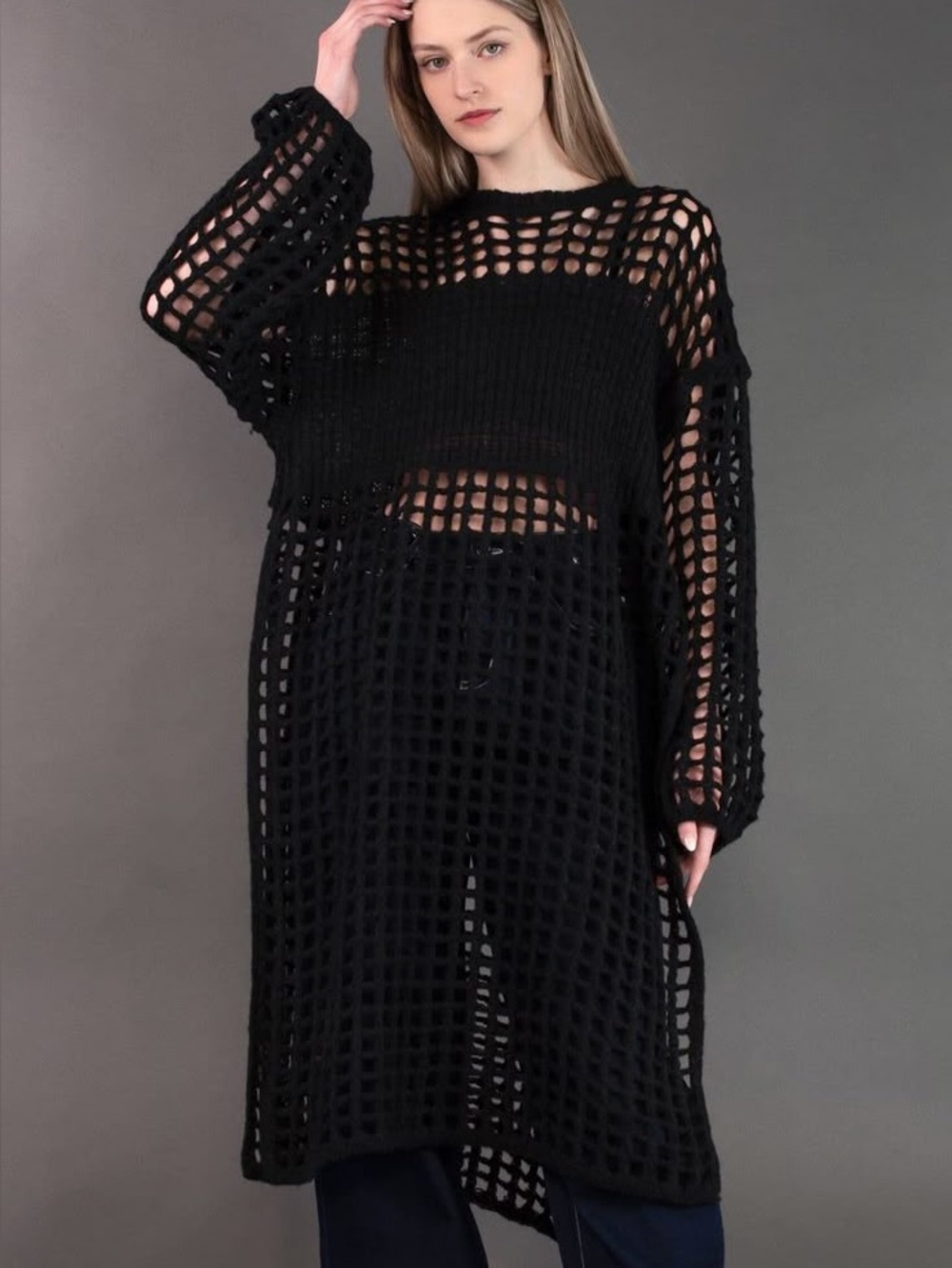 Kate Hewko crochet knit layering midi sweater dress black Large